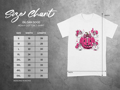 Gildan 5000 t-shirt size chart with width and length measurements in inches.