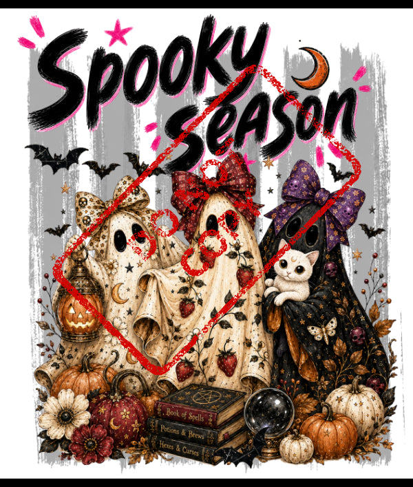 Three Halloween ghosts with spooky season text, pumpkins, and spell books.