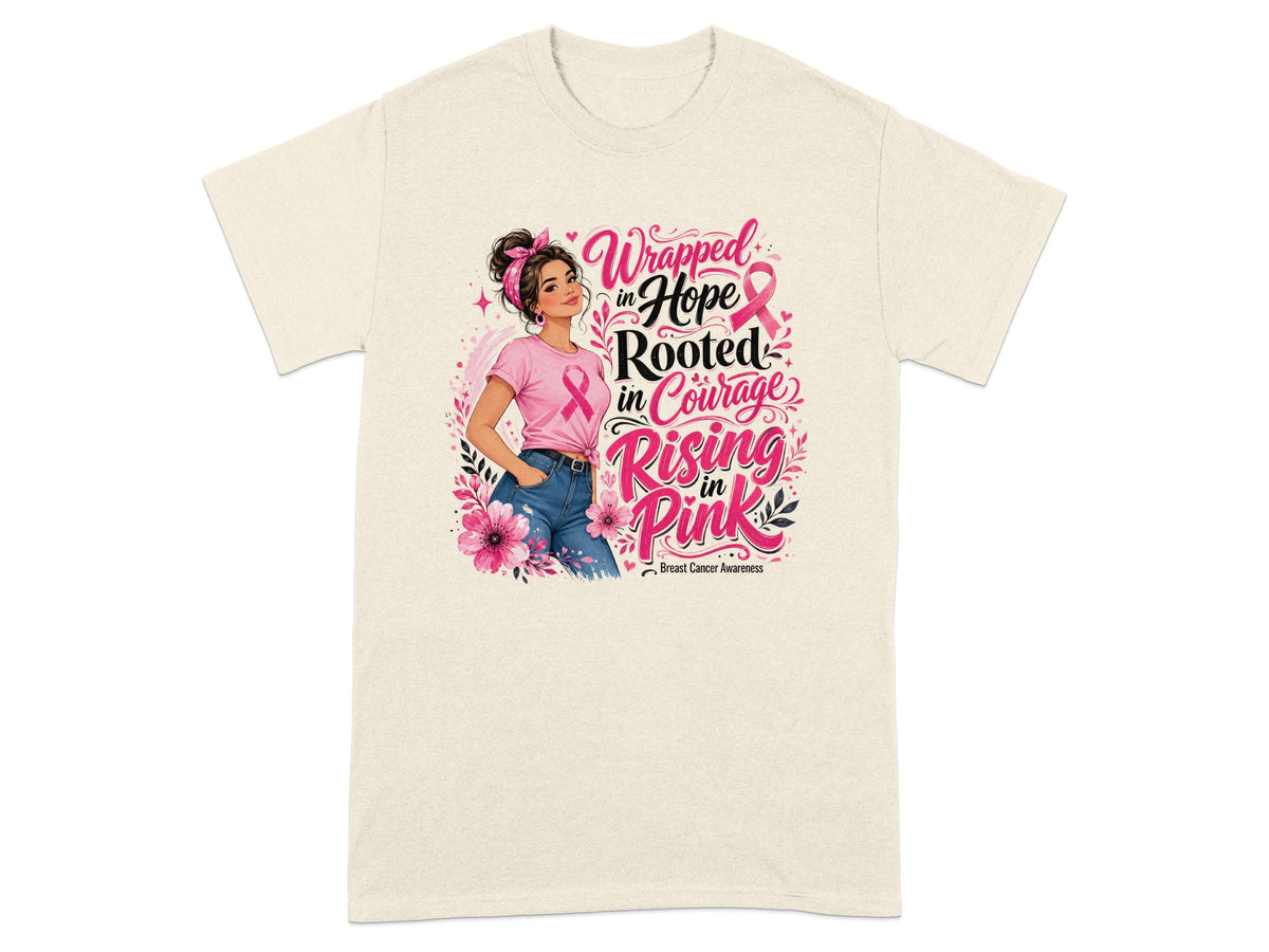 Woman wearing pink, text "Wrapped in Hope Rooted in Courage Rising in Pink".