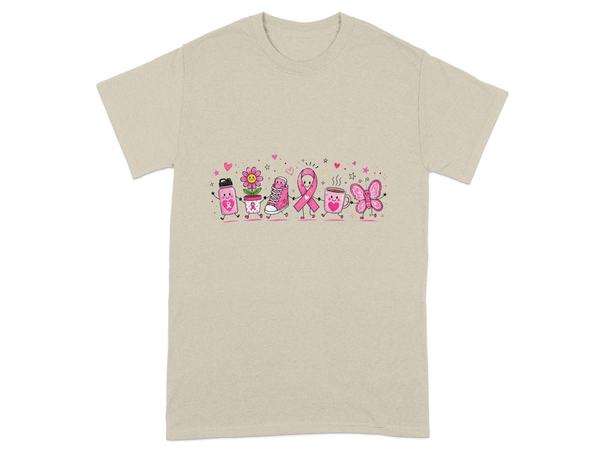 Tan t-shirt with a colorful cartoon graphic of breast cancer awareness symbols walking together.