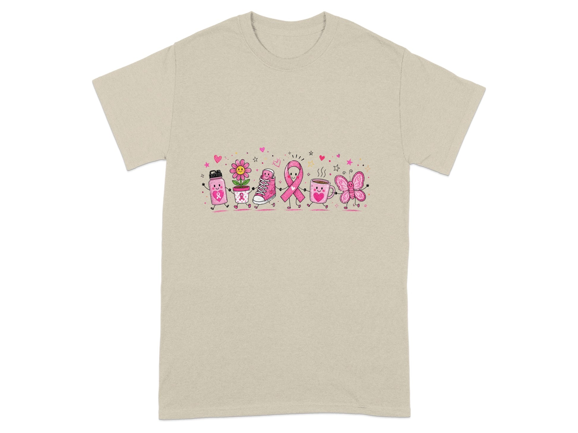 Tan t-shirt with a colorful cartoon graphic of breast cancer awareness symbols walking together.