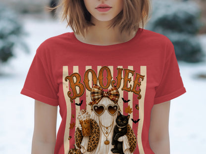 Red t-shirt with "BOOJEE" text and a ghost holding a pumpkin spice latte and a cat.