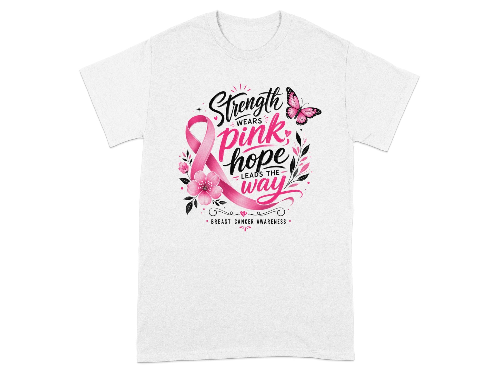 White t-shirt with pink ribbon and text for Breast Cancer Awareness.