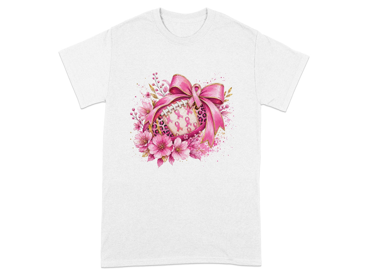 White t-shirt with a floral design featuring a football with pink ribbons and a bow.