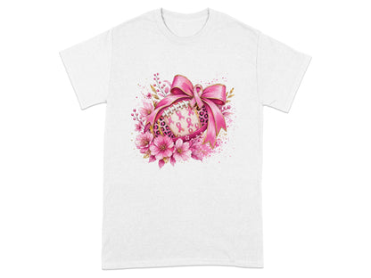 White t-shirt with a floral design featuring a football with pink ribbons and a bow.