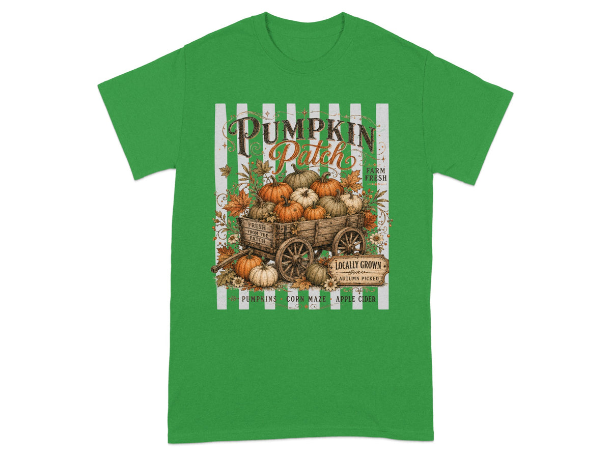 Green t-shirt with "Pumpkin Patch" and a wagon full of pumpkins graphic.