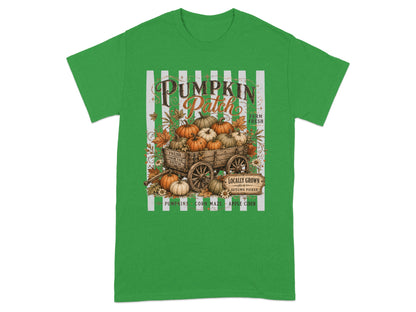 Green t-shirt with "Pumpkin Patch" and a wagon full of pumpkins graphic.