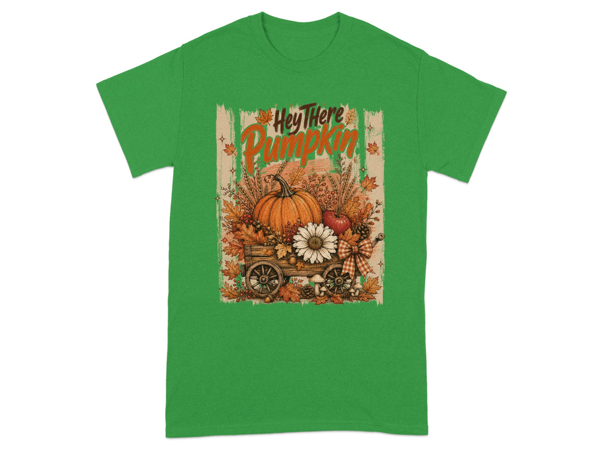 Fall wagon overflowing with pumpkin, flowers, and leaves, with "Hey There Pumpkin" text.