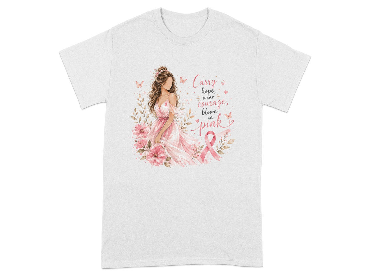 Woman in pink dress with flowers, pink ribbon, and text "Carry hope, wear courage, bloom in pink".