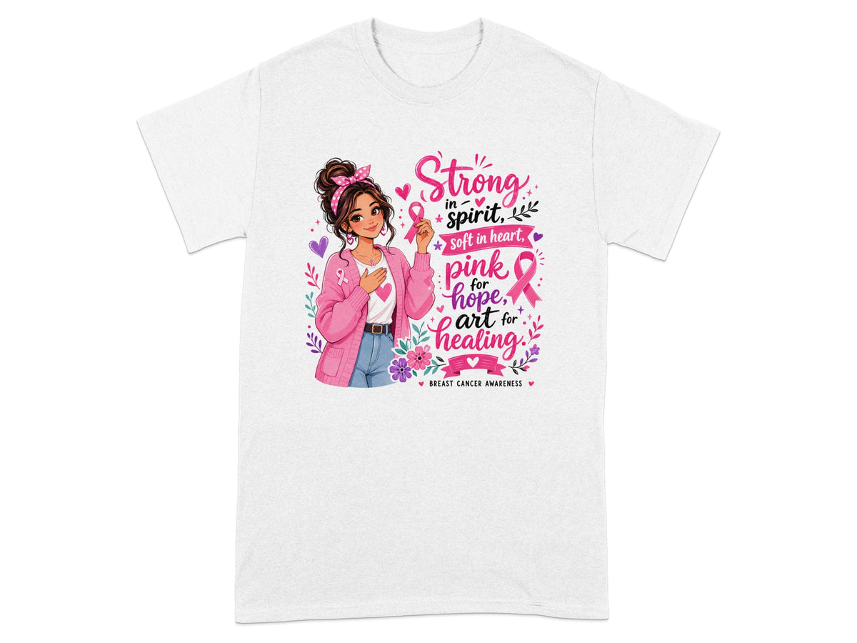 Graphic of a woman with a pink ribbon, with text "Strong in spirit, soft in heart, pink for hope, art for healing".