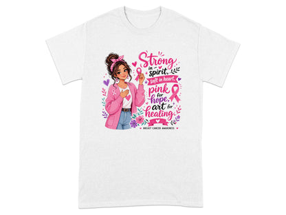 Graphic of a woman with a pink ribbon, with text "Strong in spirit, soft in heart, pink for hope, art for healing".