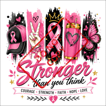 Pink ribbon graphic with breast cancer awareness symbols and text "Stronger than you think."