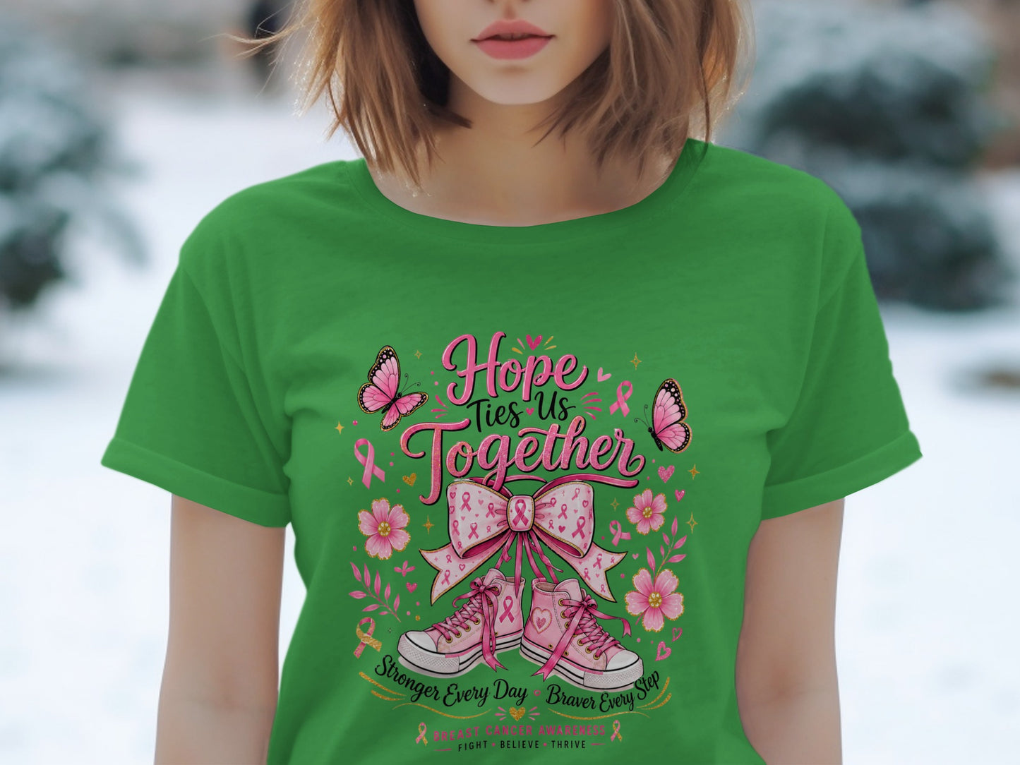 Green t-shirt with pink design: "Hope Ties Us Together," butterflies, flowers, pink ribbon, sneakers.