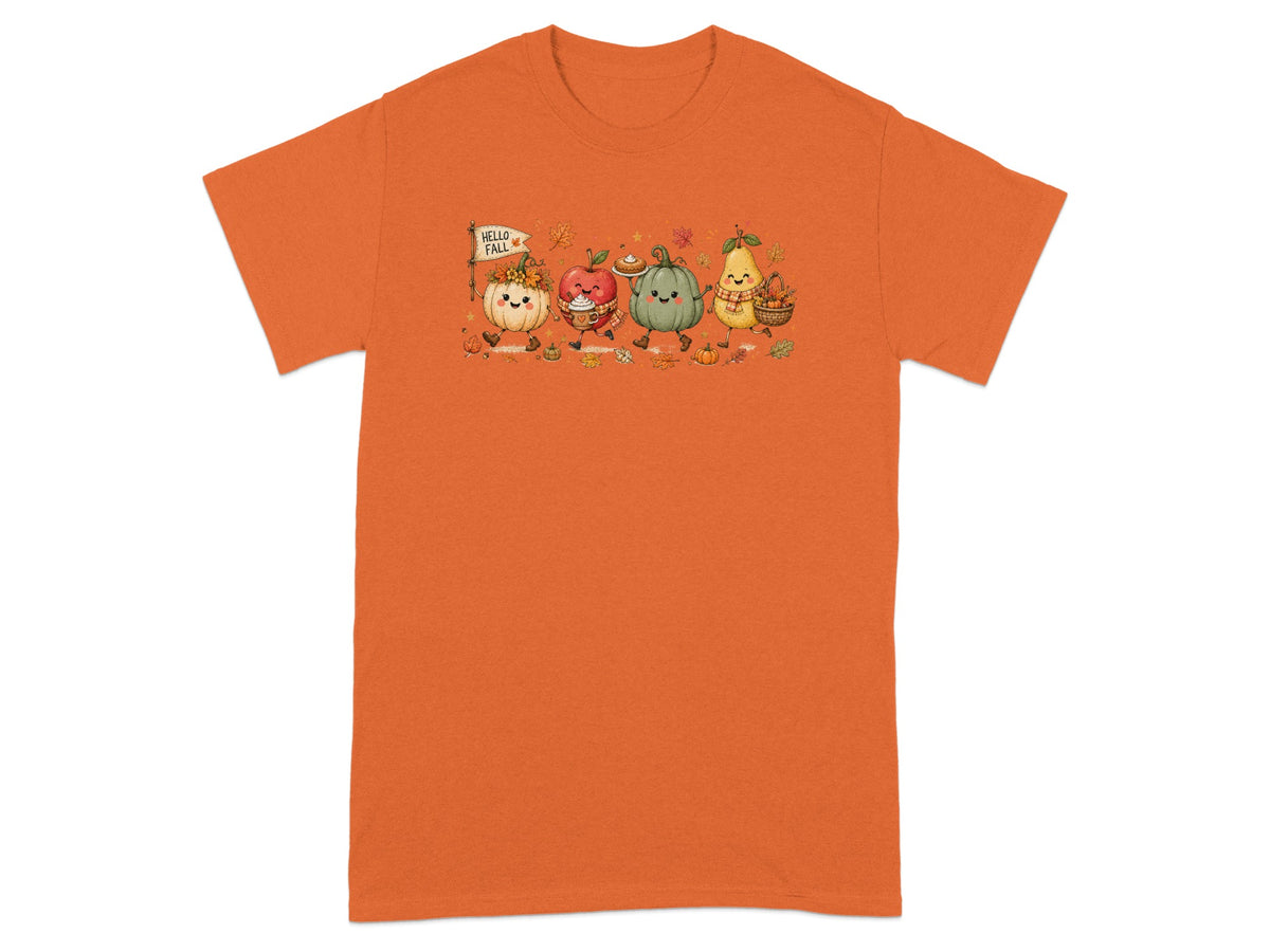 Animated pumpkins, apple, and pear with "Hello Fall" sign and autumn leaves.