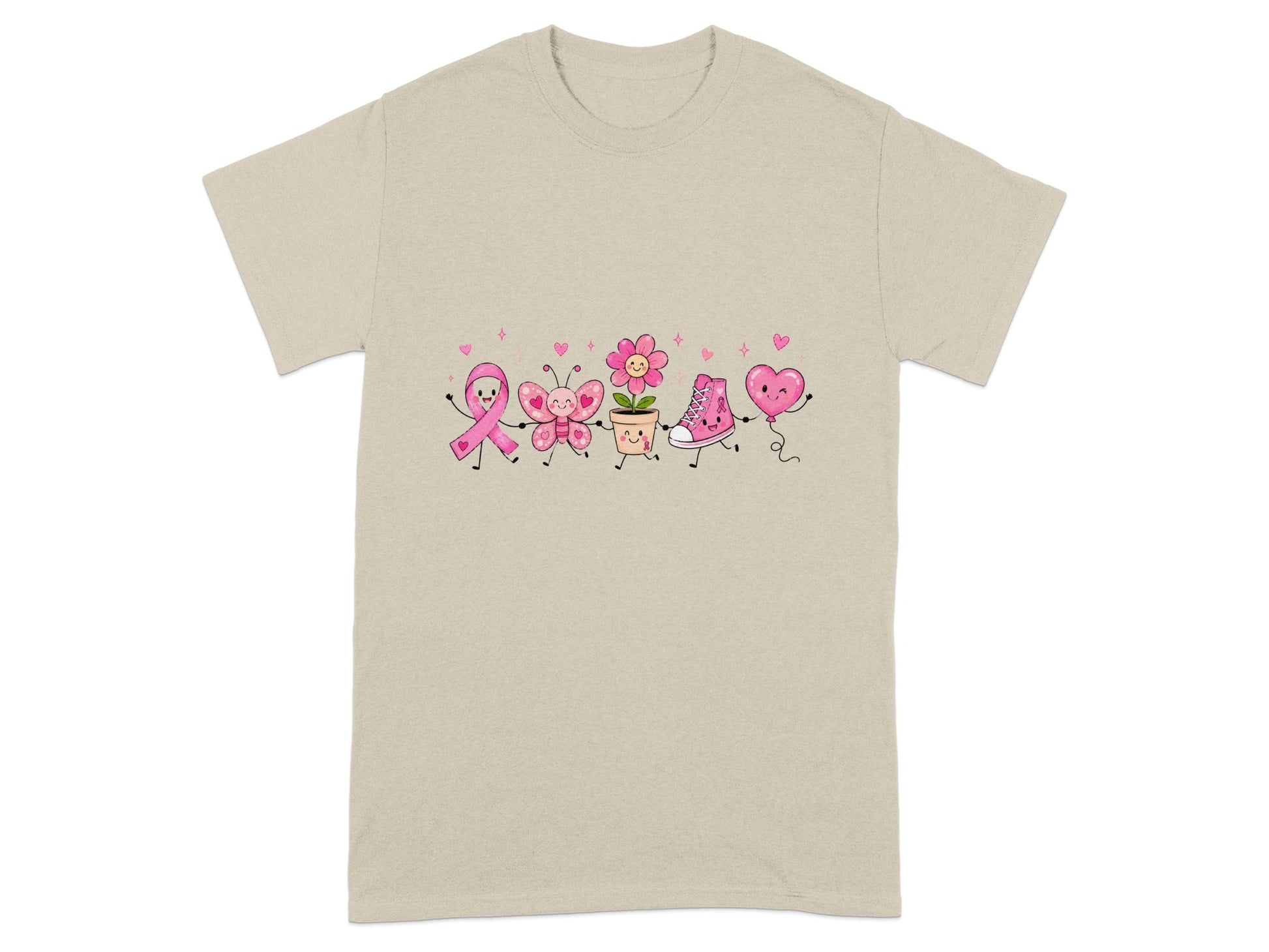 Cartoon ribbon, butterfly, flower, sneaker, and heart characters holding hands on beige t-shirt.
