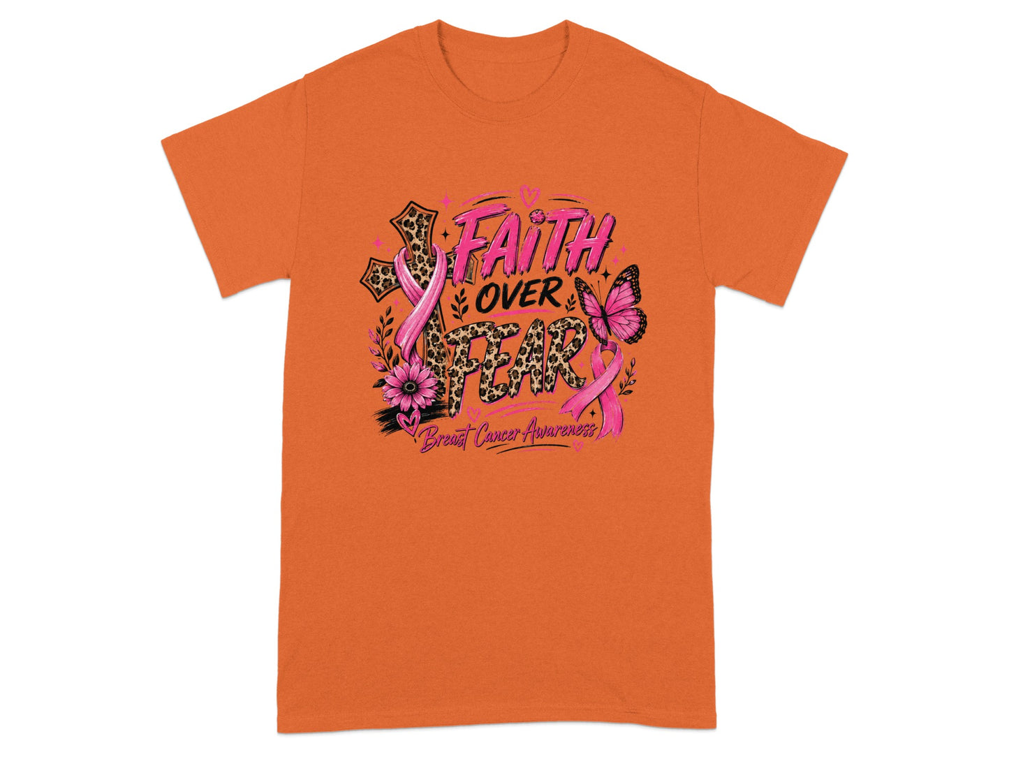 Orange t-shirt with "Faith Over Fear" breast cancer awareness graphic.