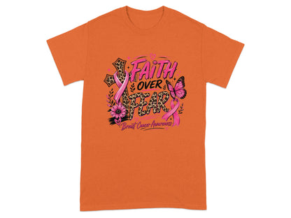 Orange t-shirt with "Faith Over Fear" breast cancer awareness graphic.