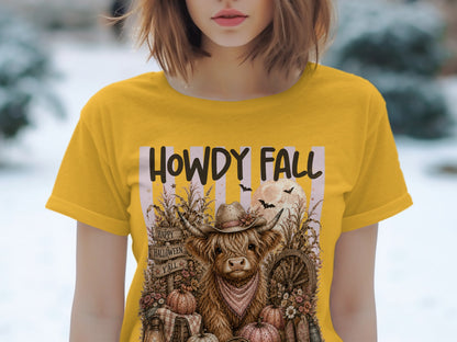 Highland cow in cowboy hat with "Howdy Fall" and Halloween elements.