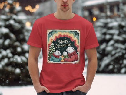 Red t-shirt with a vintage "Merry Christmas" polar bear family graphic.