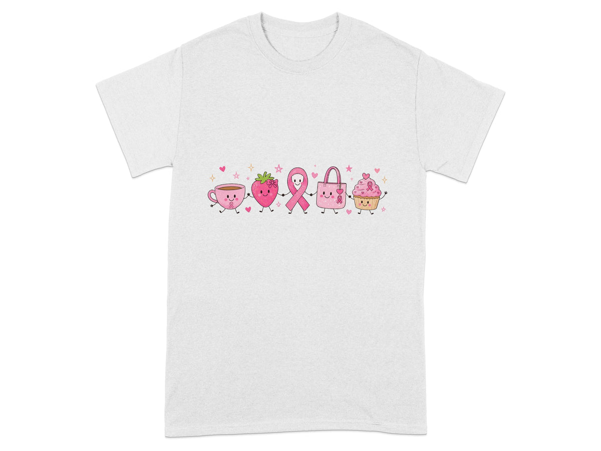 Pink cartoon coffee cup, strawberry, ribbon, handbag, and cupcake holding hands.
