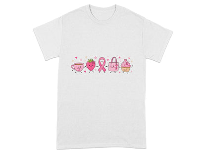 Pink cartoon coffee cup, strawberry, ribbon, handbag, and cupcake holding hands.