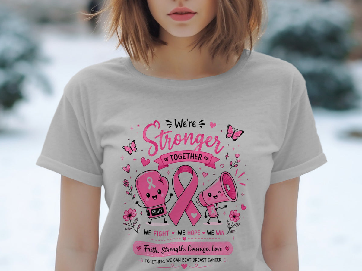Light grey t-shirt with breast cancer awareness graphic.