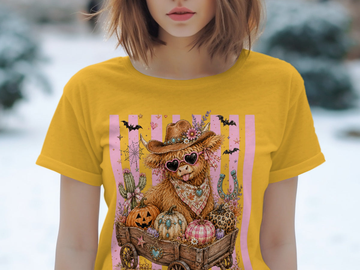 Yellow t-shirt with a Highland cow graphic wearing a cowboy hat and heart sunglasses.