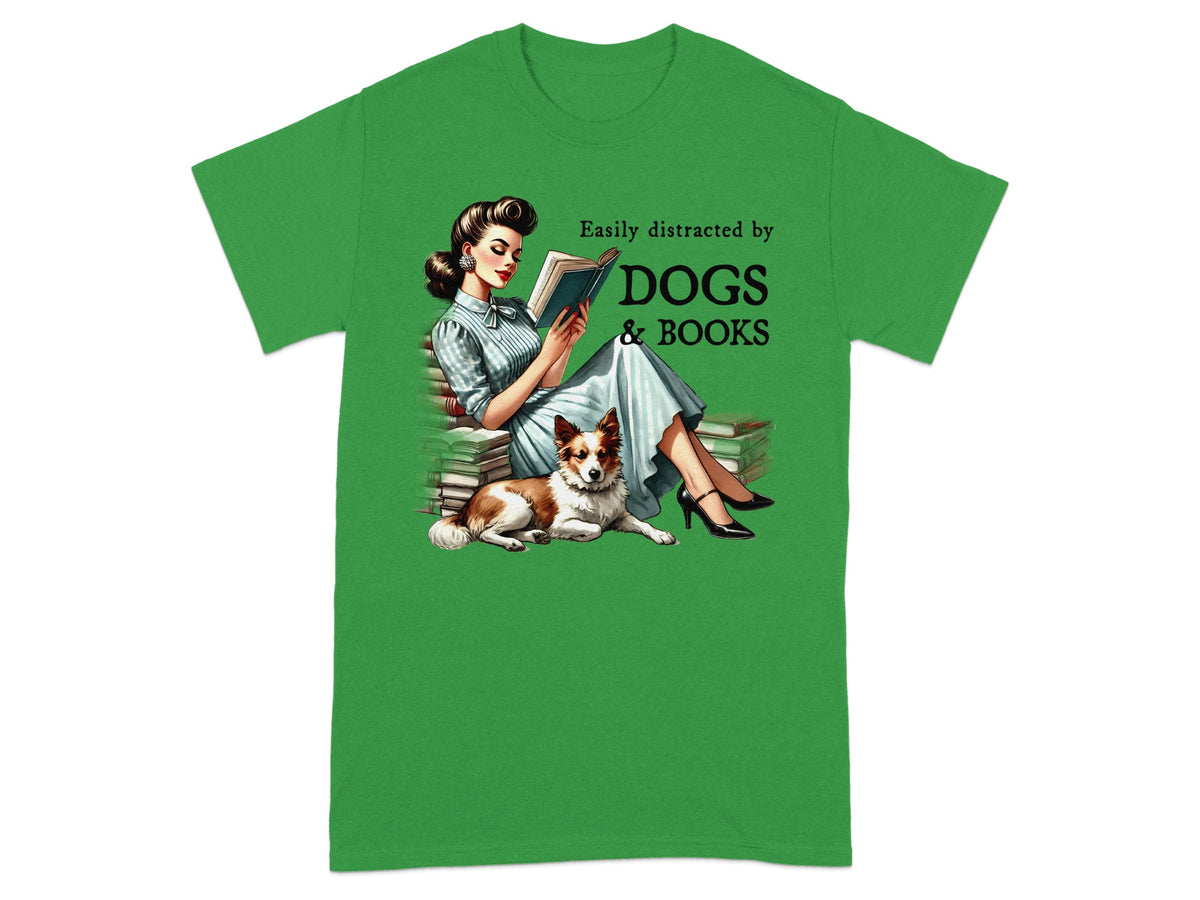 Green t-shirt with vintage illustration of woman reading, dog, and books, text "Easily distracted by DOGS & BOOKS".