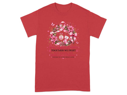 Red t-shirt with a pink wreath design featuring breast cancer ribbons and the text "Hope Lights the Season."