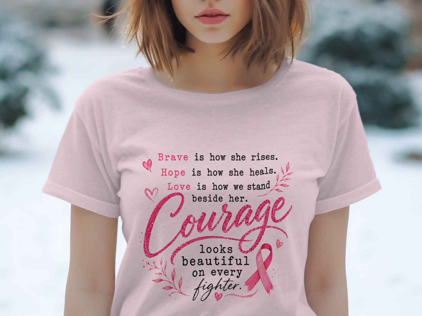 Pink t-shirt with inspirational text and a pink ribbon for breast cancer awareness.