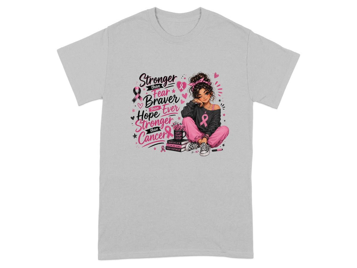 Girl with pink ribbon and text "Stronger than Fear, Braver than Hope, Stronger than Cancer".