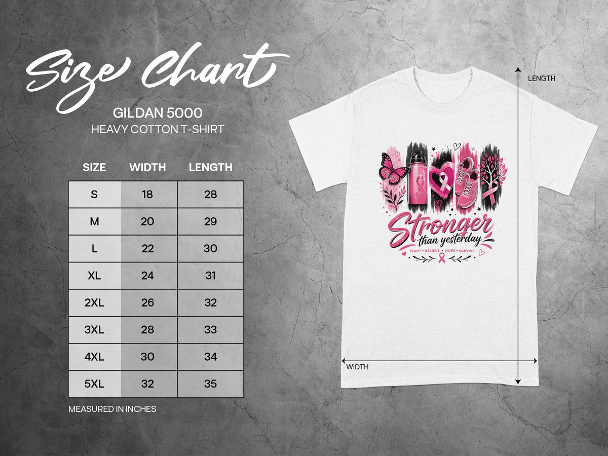 Gildan 5000 Heavy Cotton T-Shirt size chart with width and length measurements in inches.