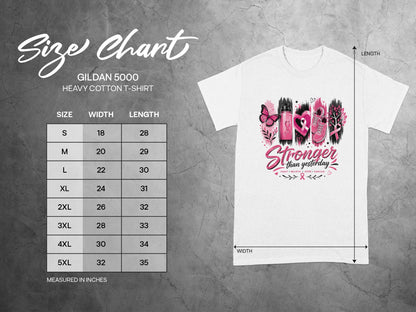 Gildan 5000 Heavy Cotton T-Shirt size chart with width and length measurements in inches.