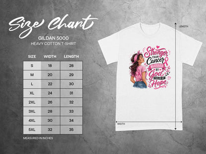 Gildan 5000 t-shirt size chart with width and length in inches.