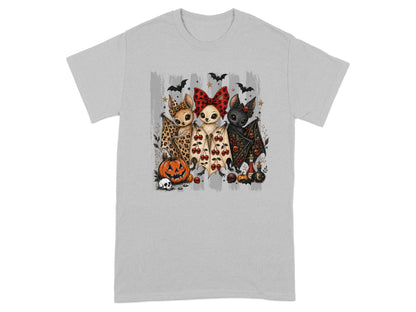 Three cute bats with Halloween decorations including bats, pumpkin, and skulls.