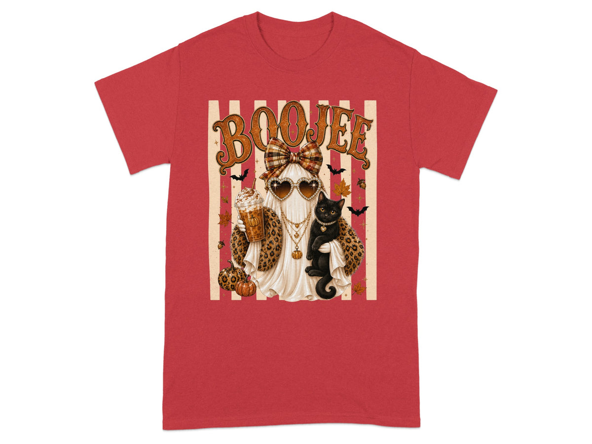 Ghost with coffee, cat, and pumpkins, wearing heart sunglasses, text BOOJEE.