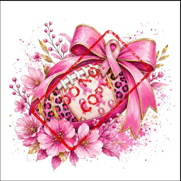 Pink football with pink ribbon, leopard print, and flowers, surrounded by a red border.