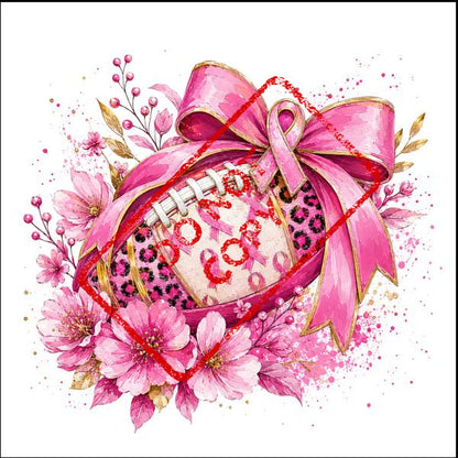 Pink football with pink ribbon, leopard print, and flowers, surrounded by a red border.