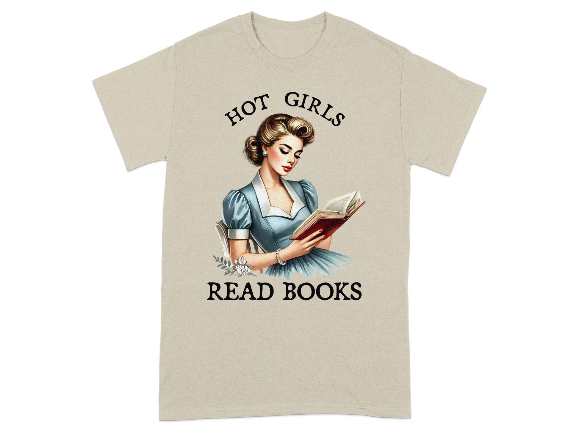 T-shirt with "HOT GIRLS READ BOOKS" text and vintage woman reading.