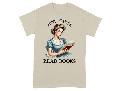 T-shirt with "HOT GIRLS READ BOOKS" text and vintage woman reading.