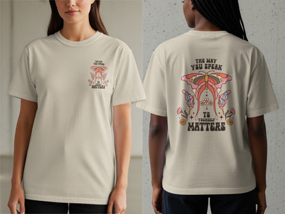 Cream t-shirt with butterfly graphic and text "The way you speak to yourself matters".