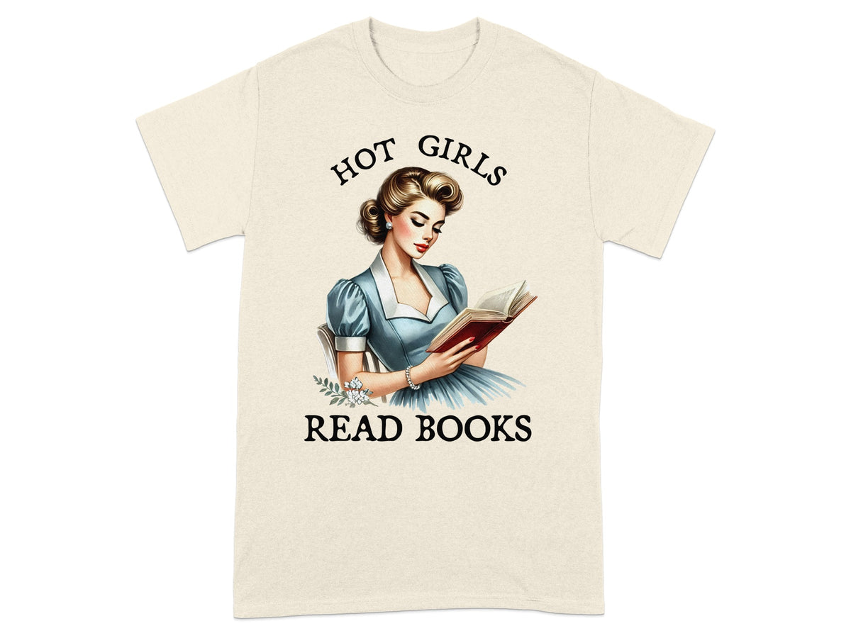 T-shirt graphic with woman reading a book, "HOT GIRLS READ BOOKS" text.