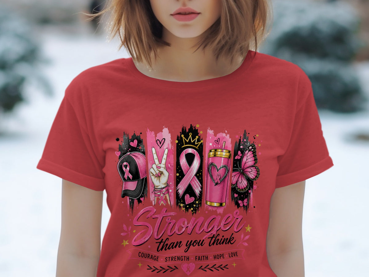 Pink ribbon design with "Stronger than you think" and support words.