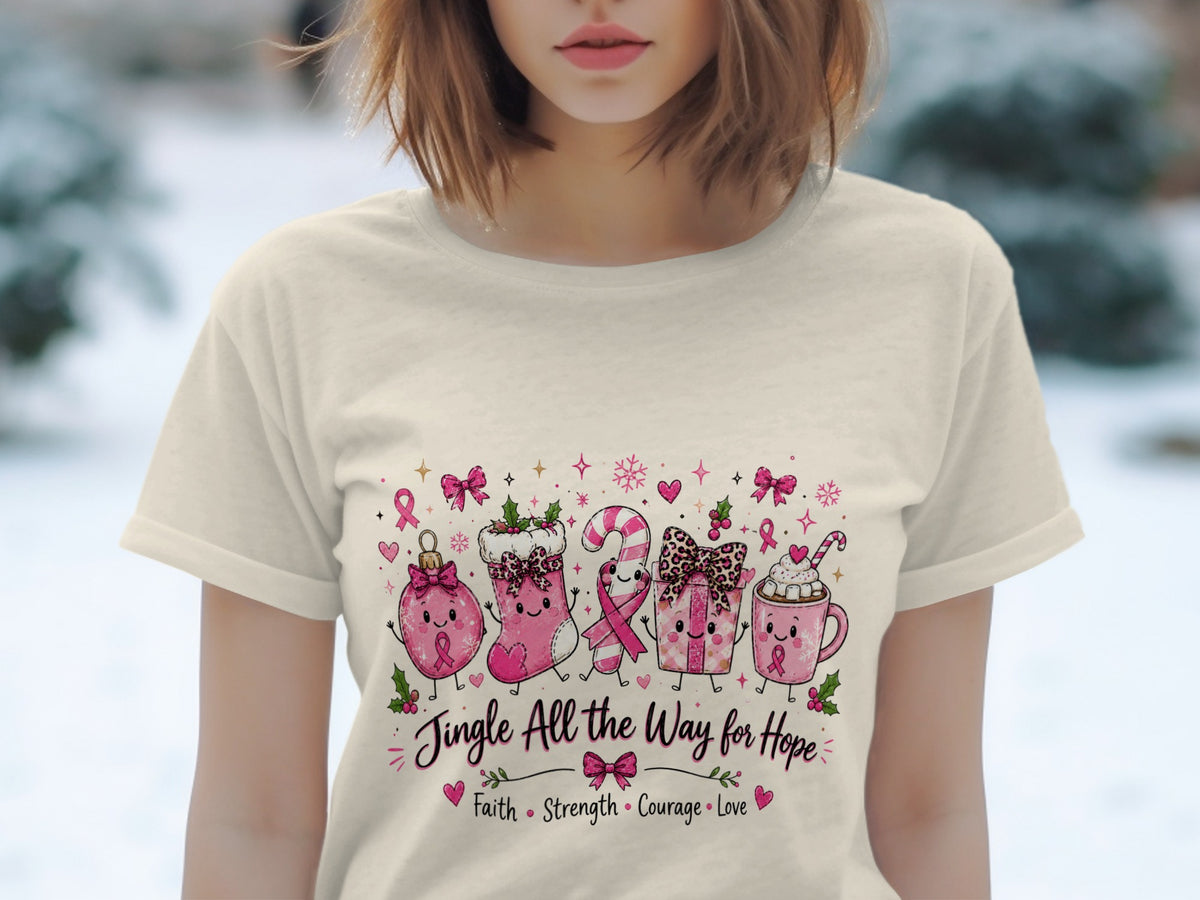 Christmas characters and text "Jingle All the Way for Hope Faith Strength Courage Love".