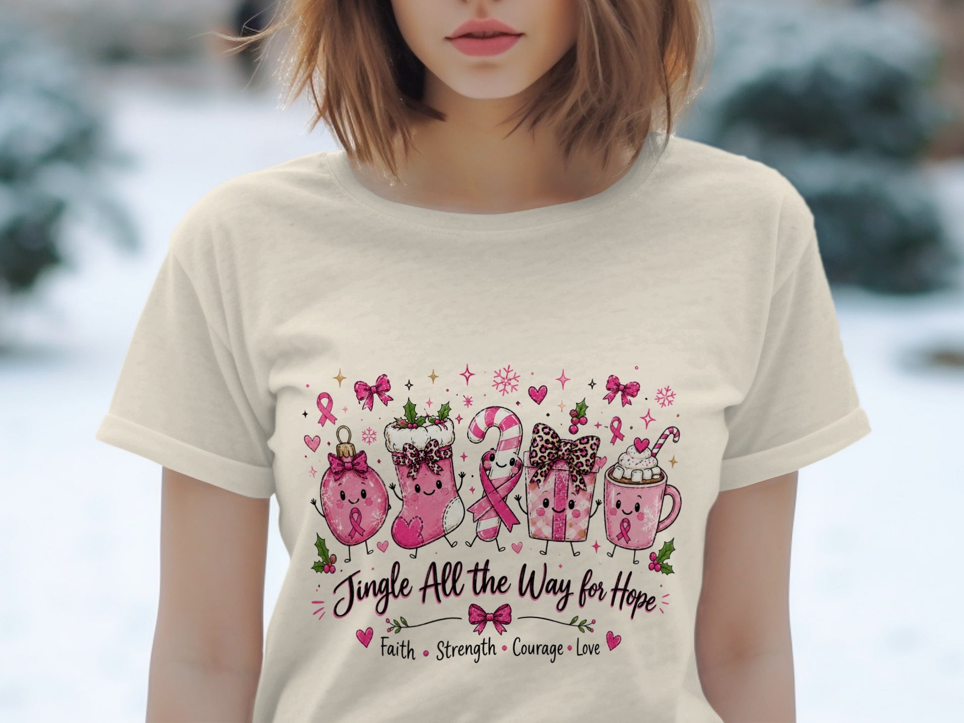 Christmas characters and text "Jingle All the Way for Hope Faith Strength Courage Love".