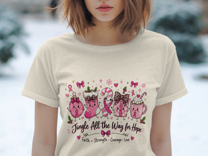 Christmas characters and text "Jingle All the Way for Hope Faith Strength Courage Love".