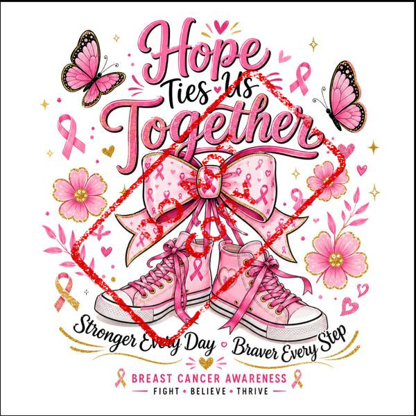 Breast Cancer Awareness graphic with pink sneakers, butterflies, flowers, and text.