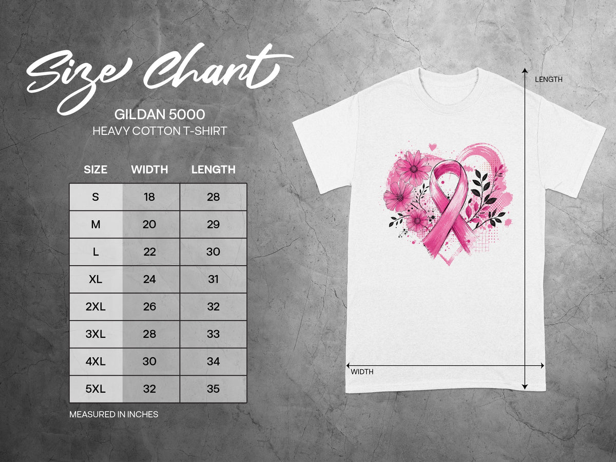 Gildan 5000 Heavy Cotton T-Shirt size chart with width and length measurements in inches.