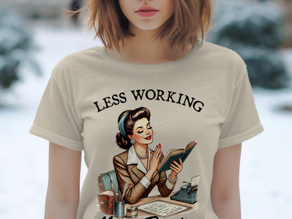 Retro woman reading book at desk with typewriter, "LESS WORKING" text.