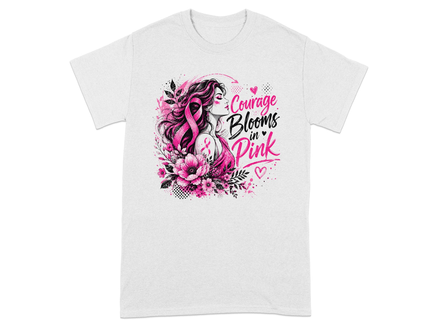 Woman with pink ribbon and flowers, text "Courage Blooms in Pink".